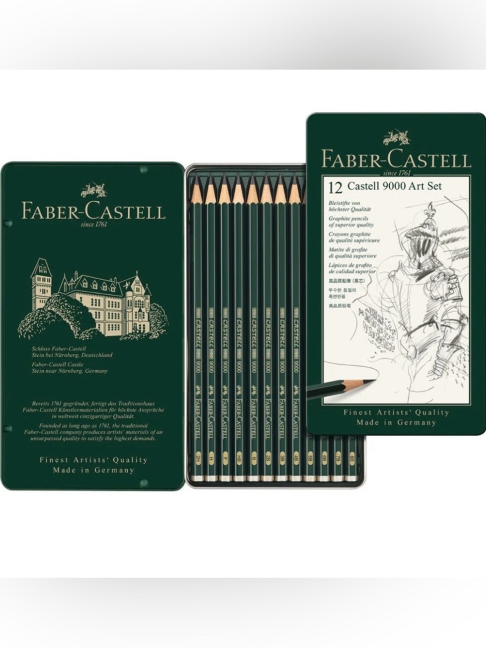 NWT “Faber-Castell” Castell 9000 12-Piece Graphite Art Set - Black Tin:assorted